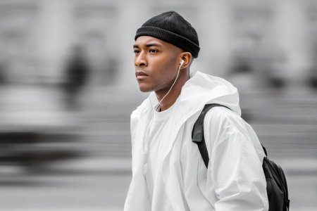 Young black man in a beanie and white jacket walking outside, listening to music with earbudsの素材