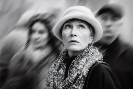 Woman in hat and scarf looking up, feeling lost among blurred people in black and whiteの素材