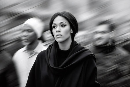 Woman focusing amidst motion blur, representing individuality and thought in urban lifeの素材