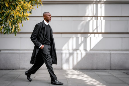 Stylish black man confidently walking along a city sidewalk during daylightの素材