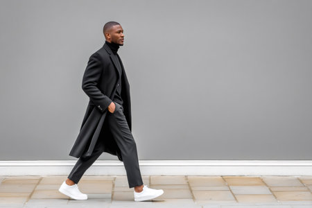 Young man wearing a black coat and turtleneck is confidently walking against a gray wallの素材