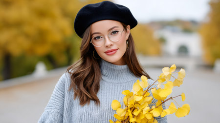 Young woman in sweater and beret holding yellow autumn leaves, posing outdoorsの素材