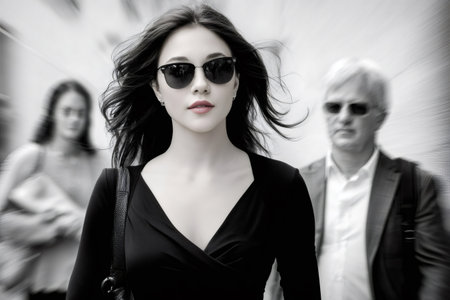Young woman walking past blurry crowd in black and white with selective color lipsの素材