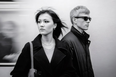Young couple looking away in a blurry subway train capturing a sense of melancholyの素材