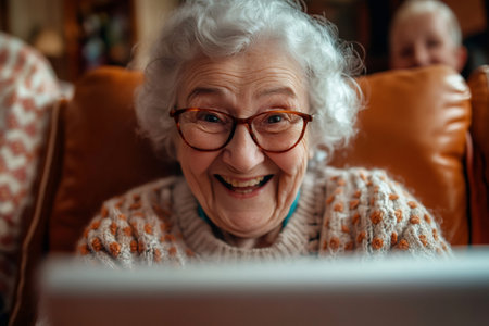 Happy elderly woman smiling while video calling, connecting with familyの素材