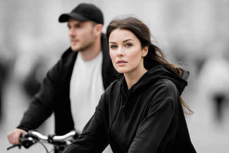 Woman looking at camera while riding bicycle with man in backgroundの素材