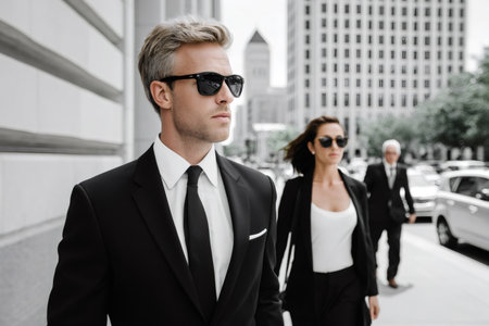Professional business team walking in a city, focusing on security and protectionの素材