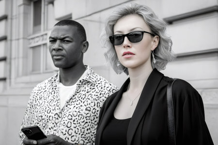 Woman wearing sunglasses and red lipstick with man on an urban streetの素材