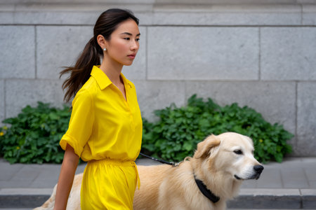 Young woman in yellow dress walking her Golden Retriever dog on a city sidewalkの素材