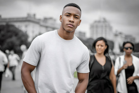 Young black man with serious expression looking at camera in city streetの素材