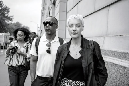 Diverse group of people walking on a city street in black and whiteの素材