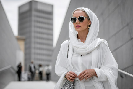 Elegant woman confidently walking while wearing a white hijab and sunglasses in an urban settingの素材