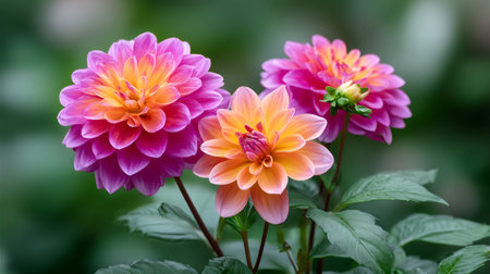 Dahlia flowers blooming in pink and orange colors with green leavesの素材