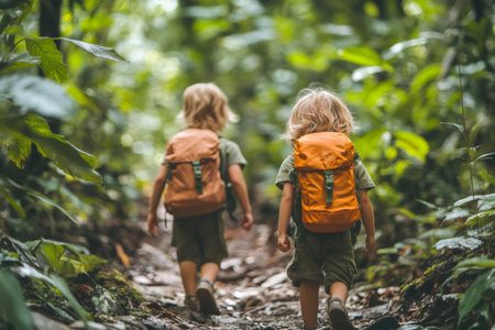 Two young boys exploring nature while walking on a path through a lush green jungleの素材