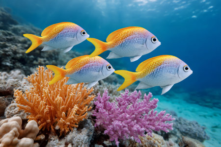 School of tropical fish swimming together near vibrant corals in clear blue underwaterの素材