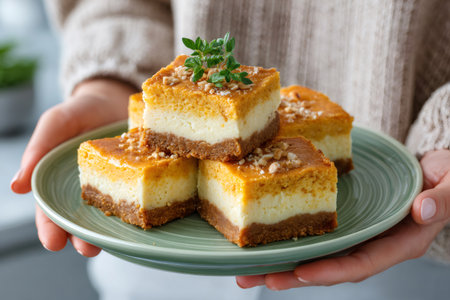 Hands serving homemade pumpkin cheesecake bars topped with nuts and thymeの素材