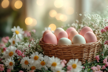 Pastel colored Easter eggs filling a woven basket surrounded by spring flowersの素材