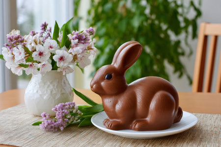 Chocolate bunny sitting on a plate with fresh spring flowers on a tableの素材