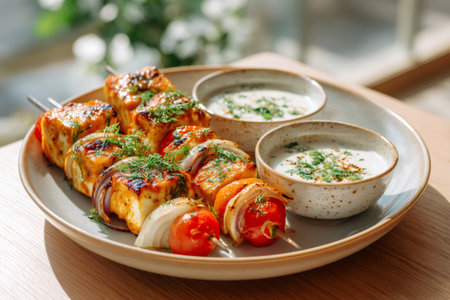 Grilled paneer, vegetables, and dill-topped raita on a plateの素材
