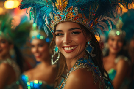 Joyful woman smiling at camera in beautiful carnival costume during celebrationの素材