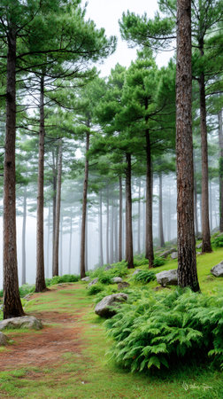 Forest path winding through tall pine trees and green ferns on a misty dayの素材