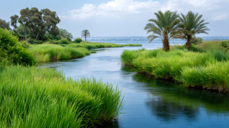 River flowing gently through vibrant green reeds towards a distant lake under a blue skyの素材