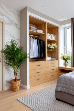 Modern bedroom featuring a built-in wooden wardrobe with clothes, drawers, and plants on a marble wallの素材
