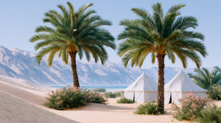 Two white tents nestled among palm trees and flowering bushes on a sandy beachの素材
