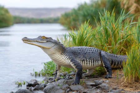 Crocodile emerging from water, showing textured scales and powerful buildの素材