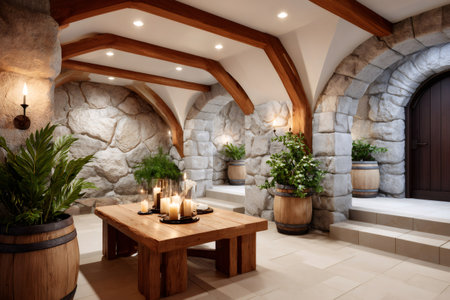 Cozy stone cellar with wooden beams, potted plants, and lit candles creating a warm atmosphereの素材