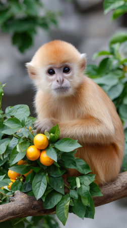 Young golden langur primate resting on a tree branch among green leaves and yellow fruitの素材