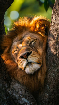 Lion resting camouflaged high in a tree, enjoying warmth and safetyの素材