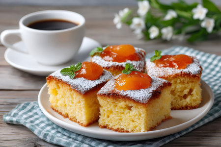 Cake slices topped with apricot jam and powdered sugar, served with a cup of coffeeの素材