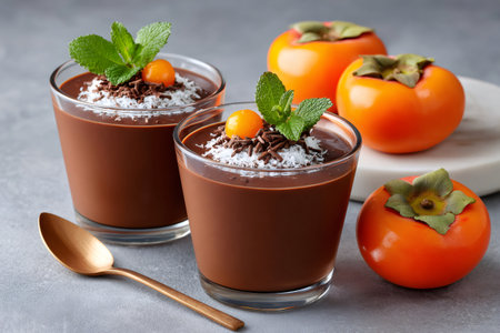 Chocolate pudding cups topped with coconut, mint, and physalis, alongside whole persimmonsの素材
