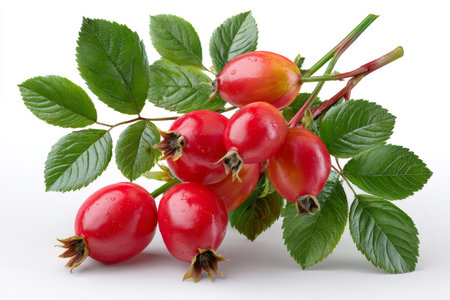 Rose hip branch showing fresh ripe fruits and green leaves on a white backgroundの素材