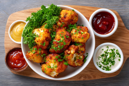 Fried cauliflower florets with parsley, served with various dipping sauces on a wooden boardの素材