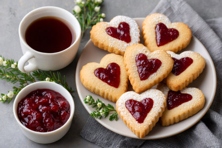 Heart shaped linzer cookies with jam filling, powdered sugar, and hot tea on a gray backgroundの素材