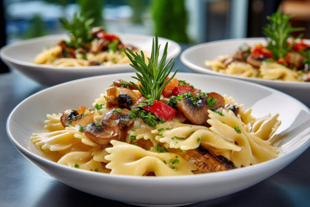 Delicious farfalle pasta served with savory mushrooms, red bell pepper, and fresh rosemaryの素材
