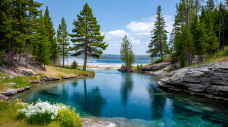 Geothermal hot spring with clear blue water surrounded by forest and lake viewsの素材