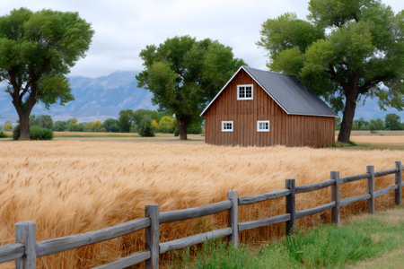 Wooden barn standing in a golden wheat field with a split rail fence and distant mountainsの素材