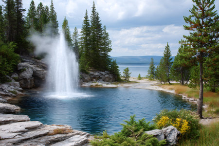 Geyser erupting, sending water high into the air, with thermal pool and lakeの素材