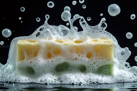 Scrubbing sponge covered in soap suds and bubbles against a dark backgroundの素材