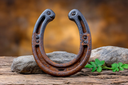 Rustic horseshoe symbol of luck and fortune resting on weathered wood with rocksの素材