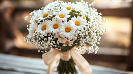 Daisy bouquet with baby's breath flowers and a light ribbon symbolizing loveの素材