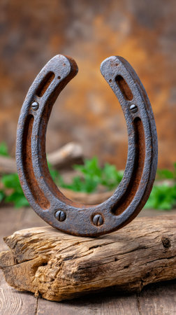 Rusty horseshoe standing on a weathered wooden block, symbolizing good luck and rustic charmの素材