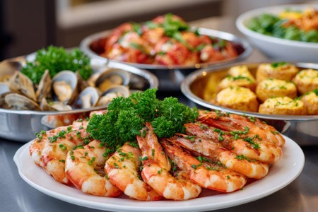 Seafood buffet displaying a variety of fresh dishes including grilled shrimp and clamsの素材