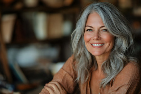 Mature woman smiling, embracing natural gray hair, showing confidence and beautyの素材