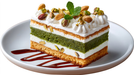 Pistachio layer cake slice garnished with whipped cream, nuts, and a fresh mint leafの素材