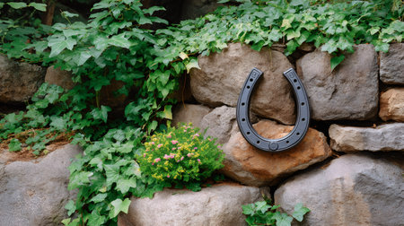 Horseshoe charm hanging on a natural stone wall with green ivy, symbolizing good luckの素材