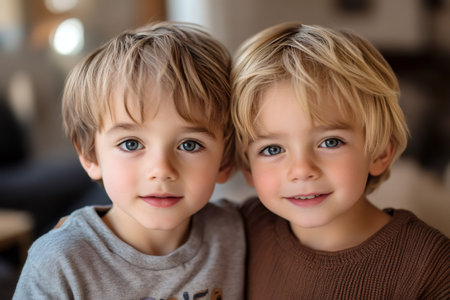 Young brothers embracing, showing friendship and childhood joyの素材